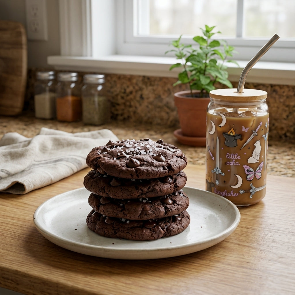 A stack of four chocolate chip cookies on a small white plate, set on a wooden table next to a glass jar of iced coffee with a metal straw in a kitchen setting.
