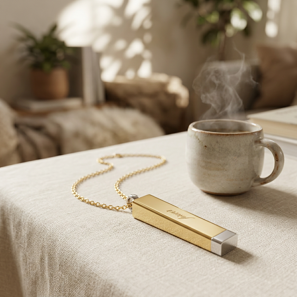 Hidden Message Sliding Bar Necklace Engravable Secret Message Pendant by Spinsterly Co in 18K Gold PVD gold tone