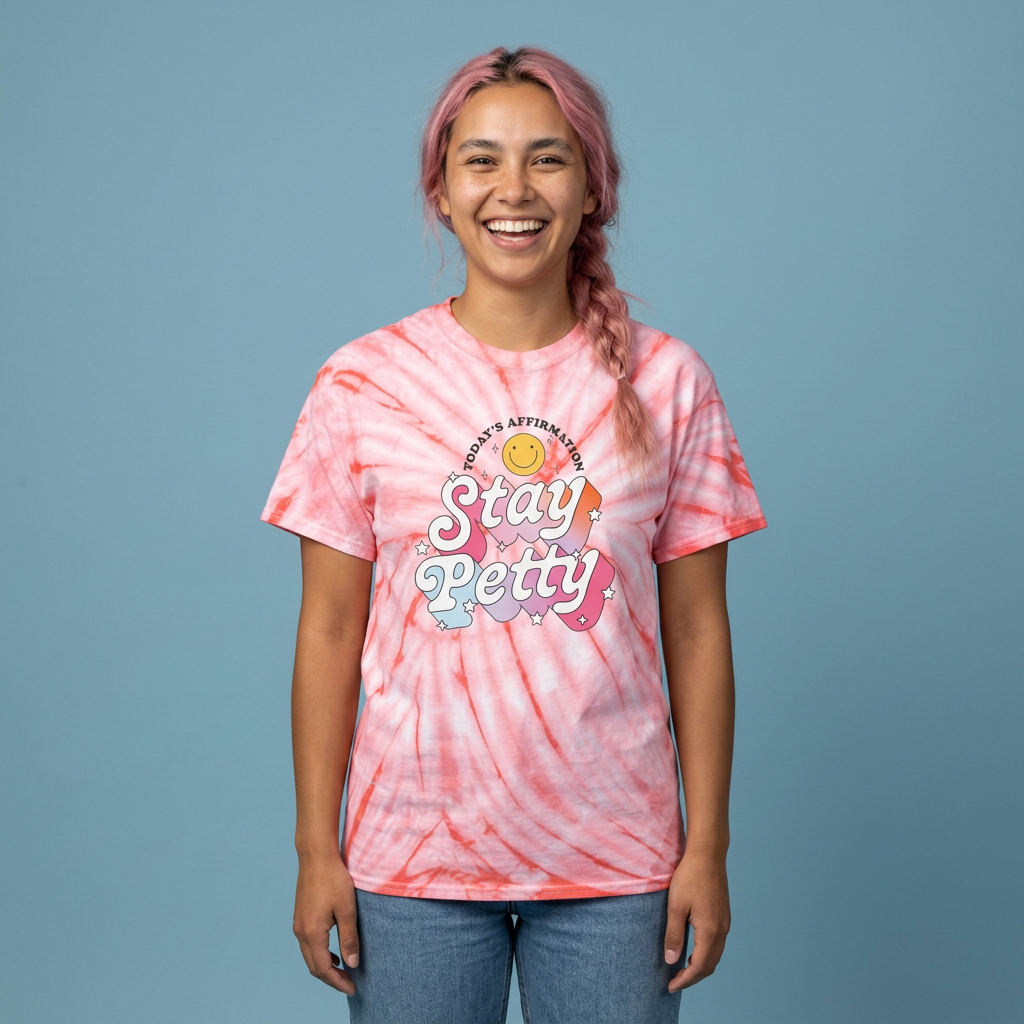 Stay Petty Tie-Dye Graphic Tee Today's Affirmation Smiley Shirt by Spinsterly Co in Coral with retro arched print