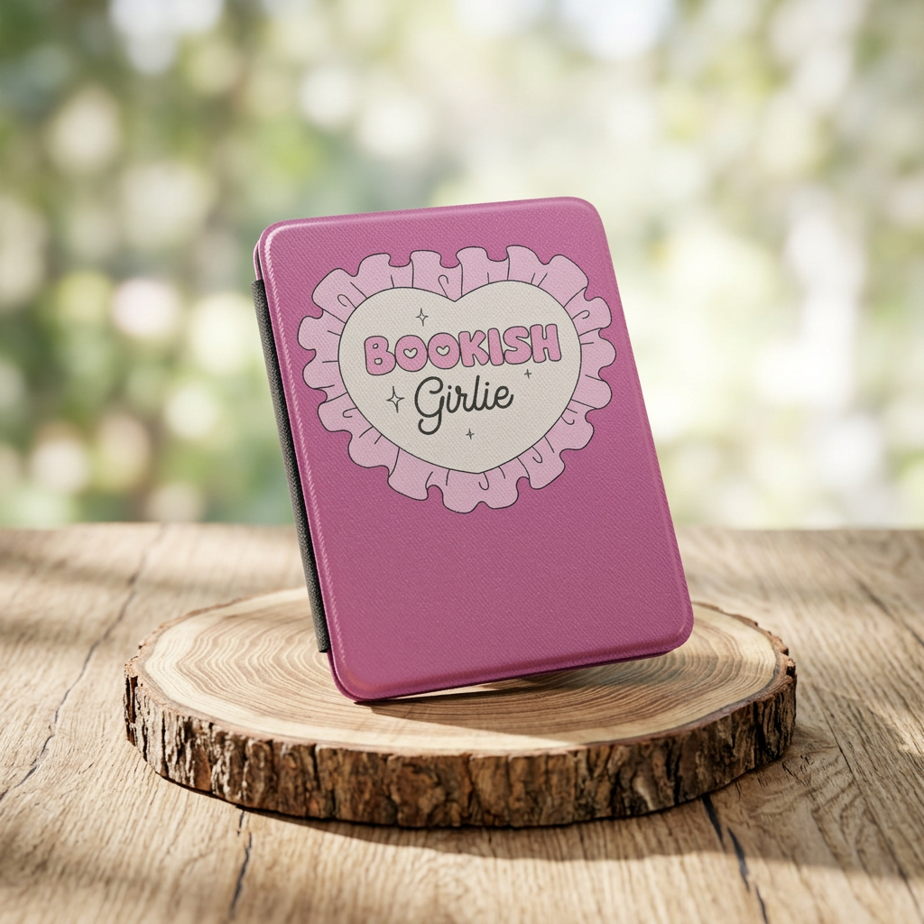Bookish Girlie Kindle Case by Spinsterly Co with pink heart Saffiano cover and textured PU leatherette finish