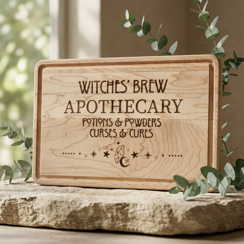 Witches' Brew Apothecary Engraved Wooden Cutting Board by Spinsterly Co in walnut with drip ring and moon text