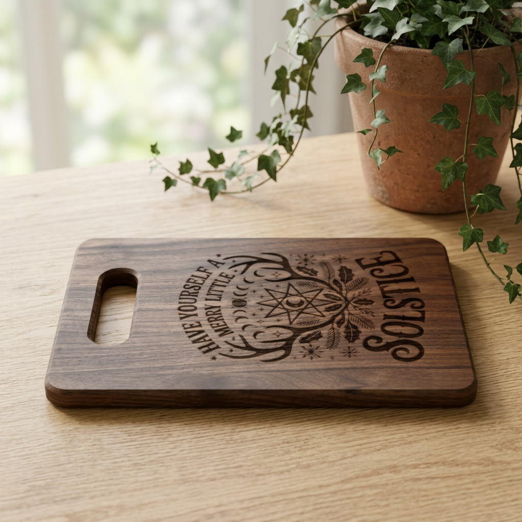 Solstice Mandala Engraved Wooden Cutting Board Spinsterly Co walnut kitchen prep board with drip ring