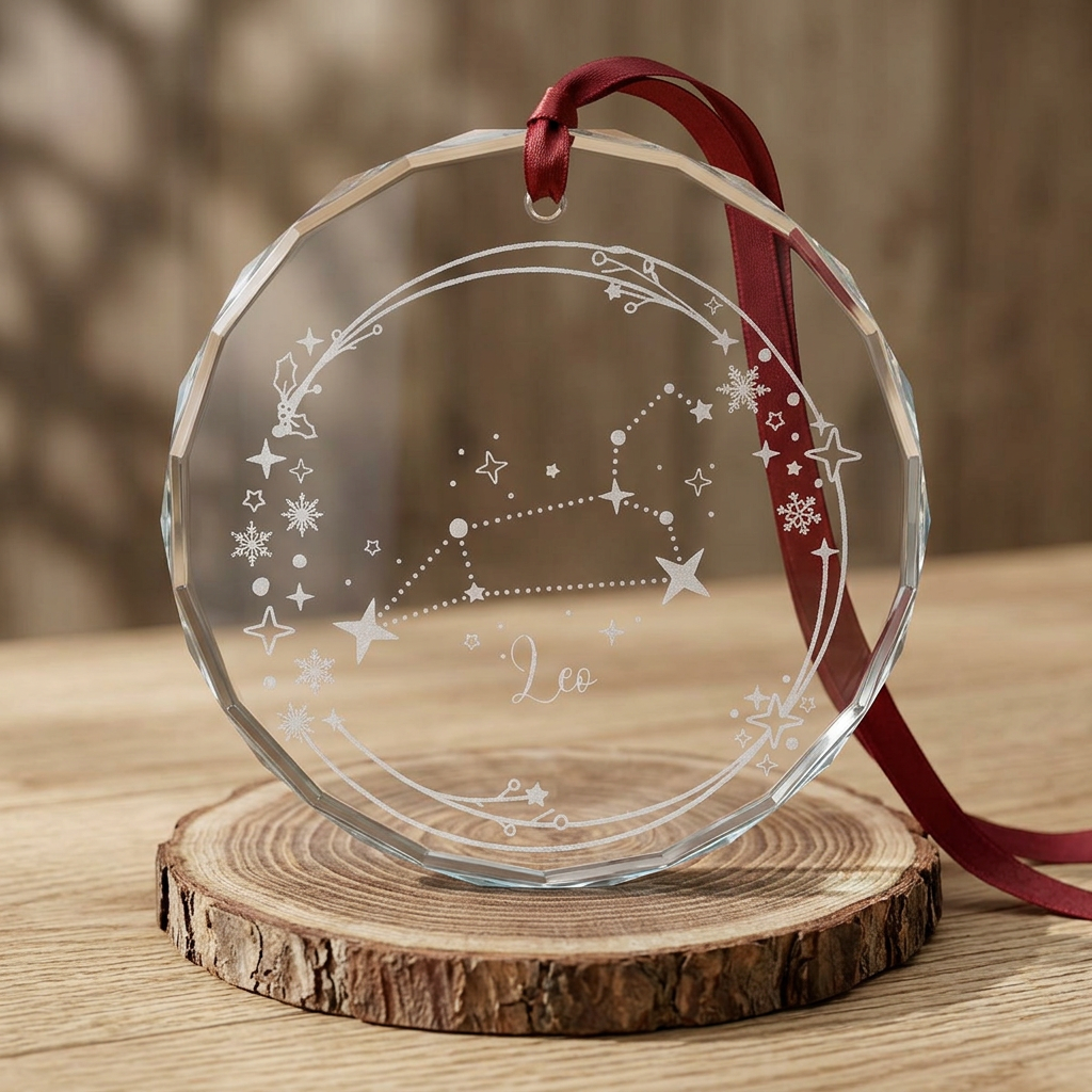 Leo Constellation Engraved Crystal Ornament Spinsterly Co zodiac star map glass ornament with faceted edge