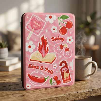 Kiss Tell Spicy Reader Kindle Case by Spinsterly Co, pink cherry flame PU leather with full-coverage art print