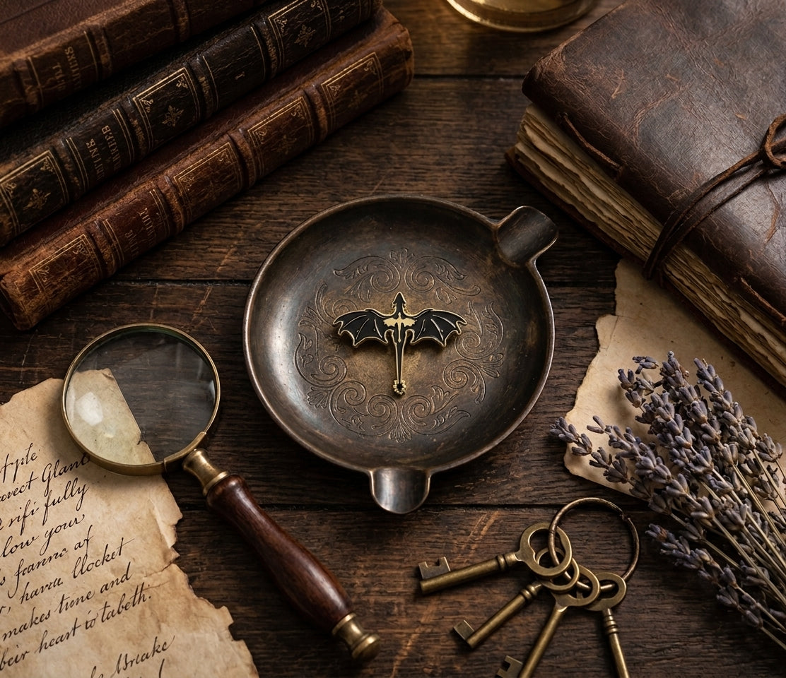 A vintage-style metal desk organizer tray with an enamel lapel pin featuring a pair of dragons, one gold and one black, styled on a dark wooden table with old books, a magnifying glass, keys, and dried lavender.