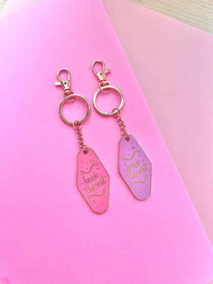Booktrovert Hotel Keychain by Galloree Designs LLC in Pink metal with clip attachment and gold tone rings