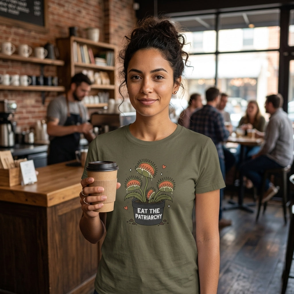 A woman standing in a cozy, busy coffee shop wearing an olive-green t-shirt with a graphic of a green venus fly trap plan with orange flowers and the text 'EAT THE PATRIARCHY'. She is holding a brown paper coffee cup.