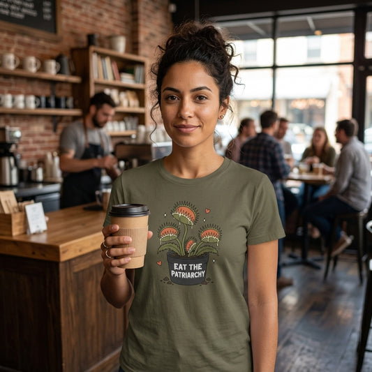 A woman standing in a cozy, busy coffee shop wearing an olive-green t-shirt with a graphic of a green venus fly trap plan with orange flowers and the text 'EAT THE PATRIARCHY'. She is holding a brown paper coffee cup.