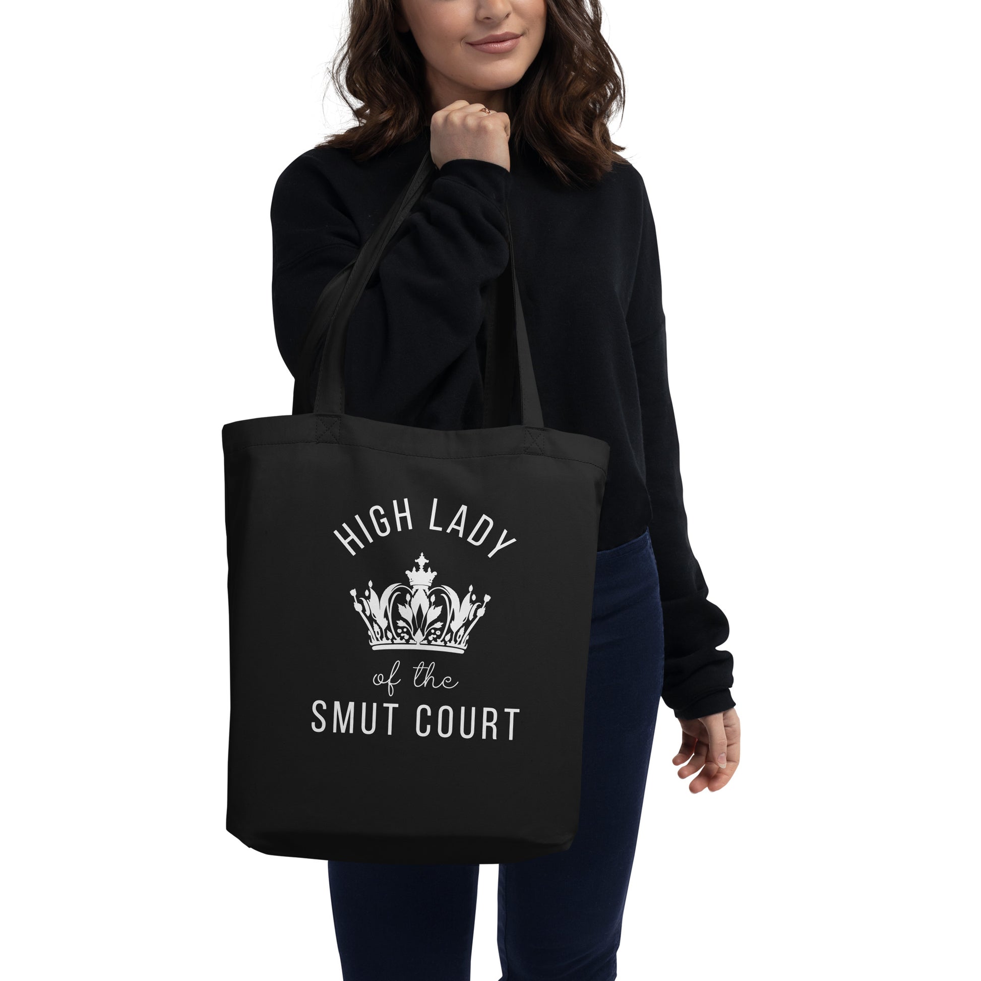 High Lady of the Smut Court Eco Tote Bag by Spinsterly Co in Black organic cotton with tonal crown graphic