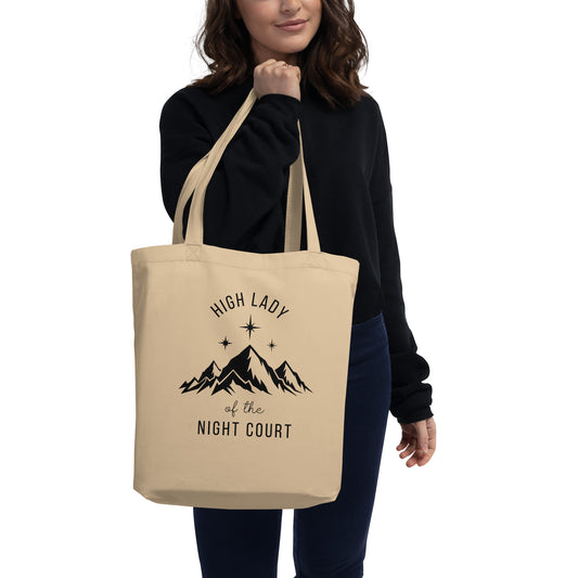 High Lady of the Night Court Eco Tote Bag by Spinsterly Co in Black organic cotton with mountain and star print