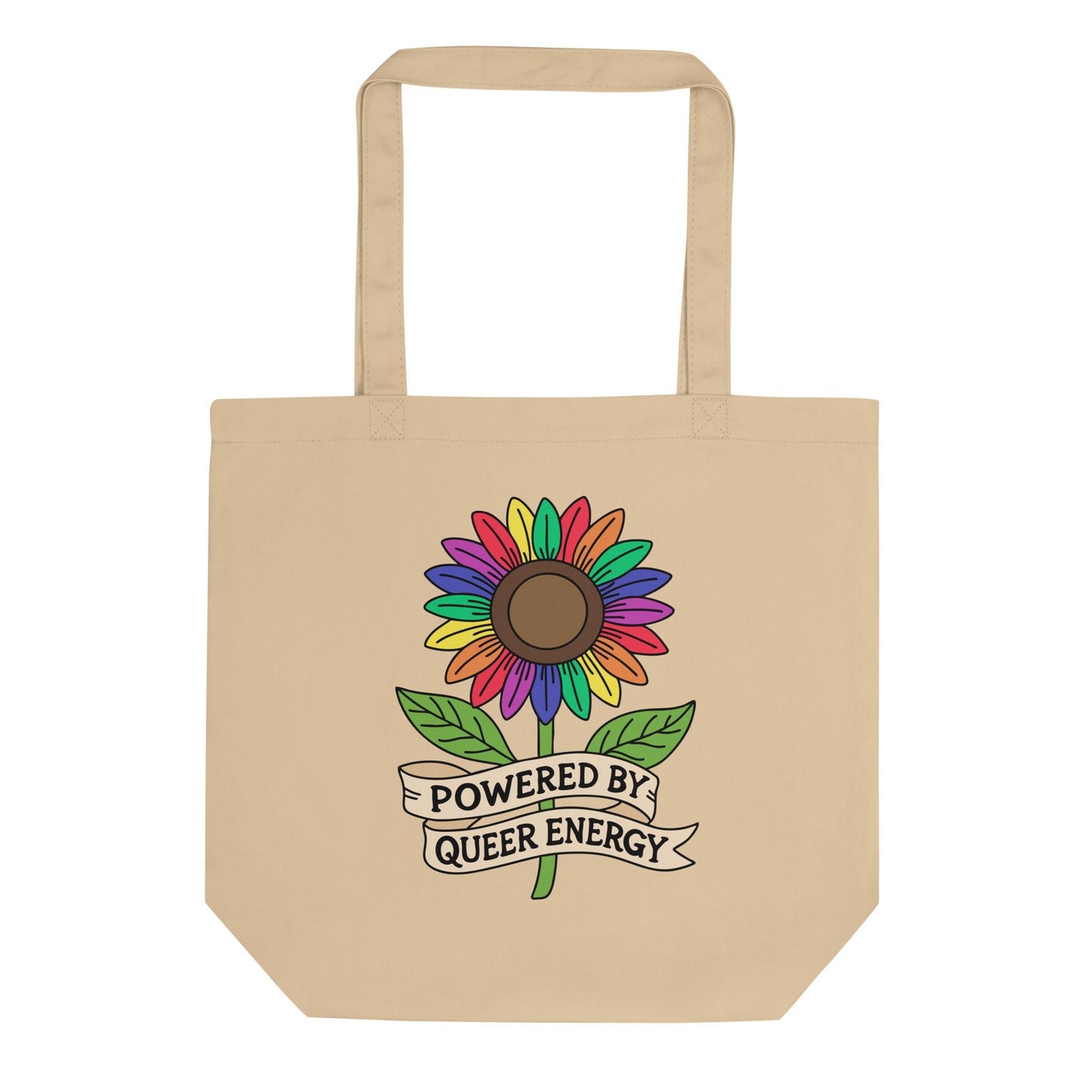 Powered by Queer Energy Eco Tote Bag by Spinsterly Co in beige with rainbow sunflower graphic and ribbon