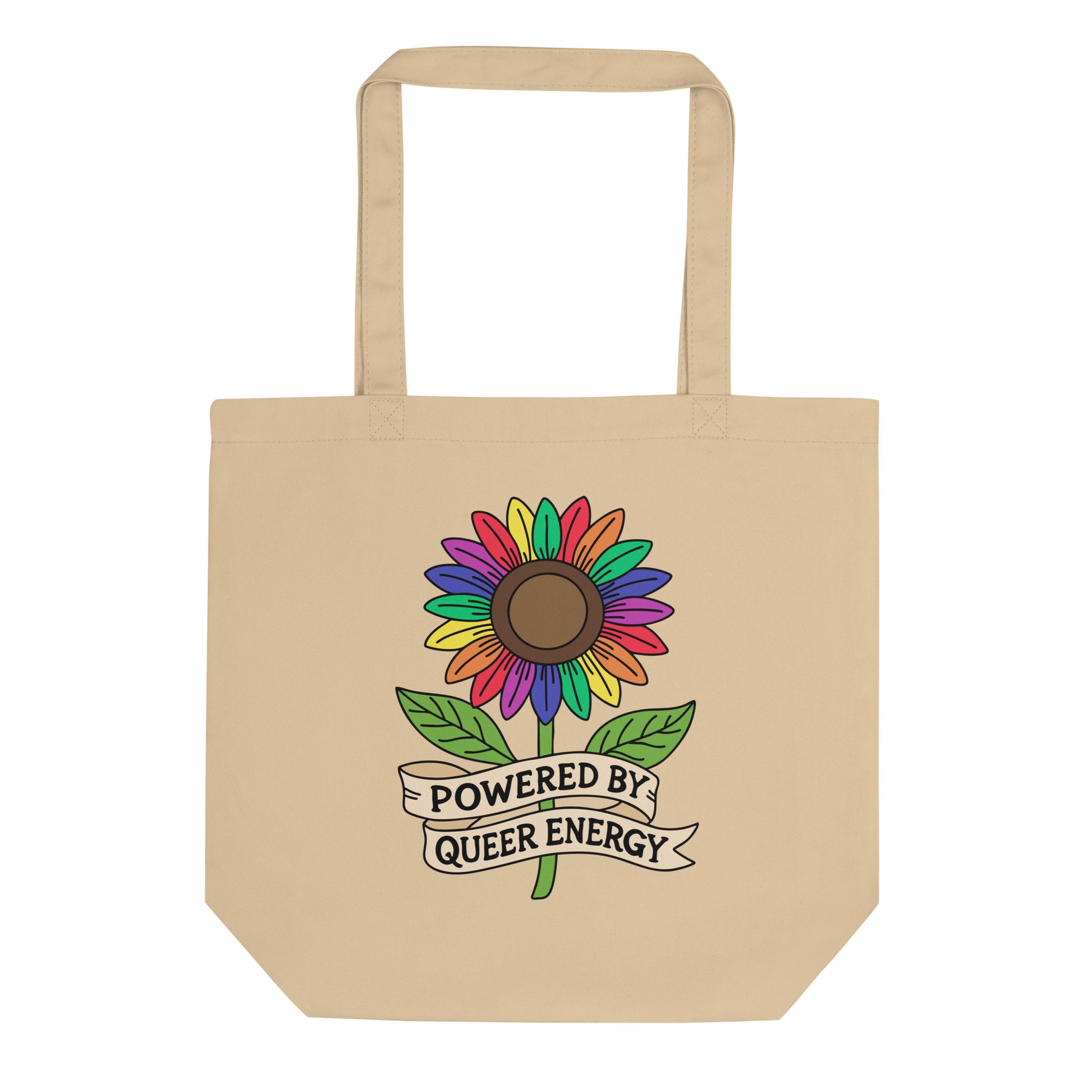 Powered by Queer Energy Eco Tote Bag by Spinsterly Co in beige with rainbow sunflower graphic and ribbon