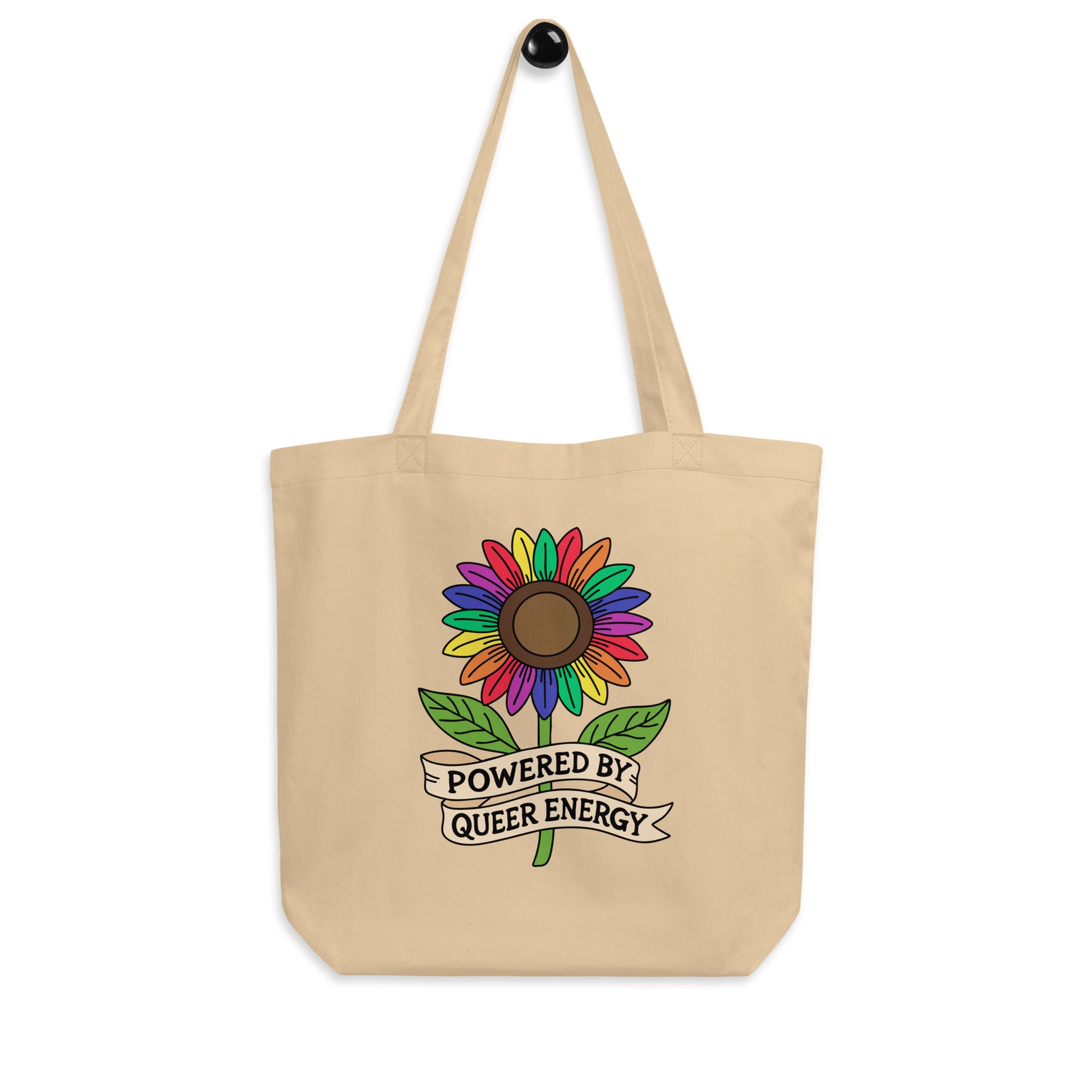 Powered by Queer Energy Eco Tote Bag by Spinsterly Co rainbow sunflower pride tote in tan canvas with open top