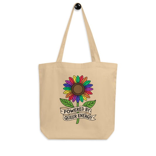 Powered by Queer Energy Eco Tote Bag by Spinsterly Co rainbow sunflower pride tote in tan canvas with open top