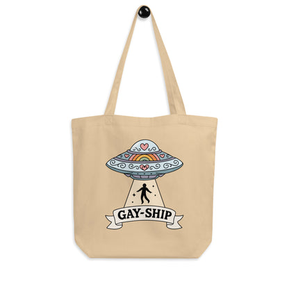 Gay-Ship UFO Eco Tote Bag by Spinsterly Co, beige organic cotton tote with open top and UFO pride print