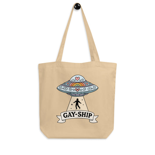 Gay-Ship UFO Eco Tote Bag by Spinsterly Co, beige organic cotton tote with open top and UFO pride print
