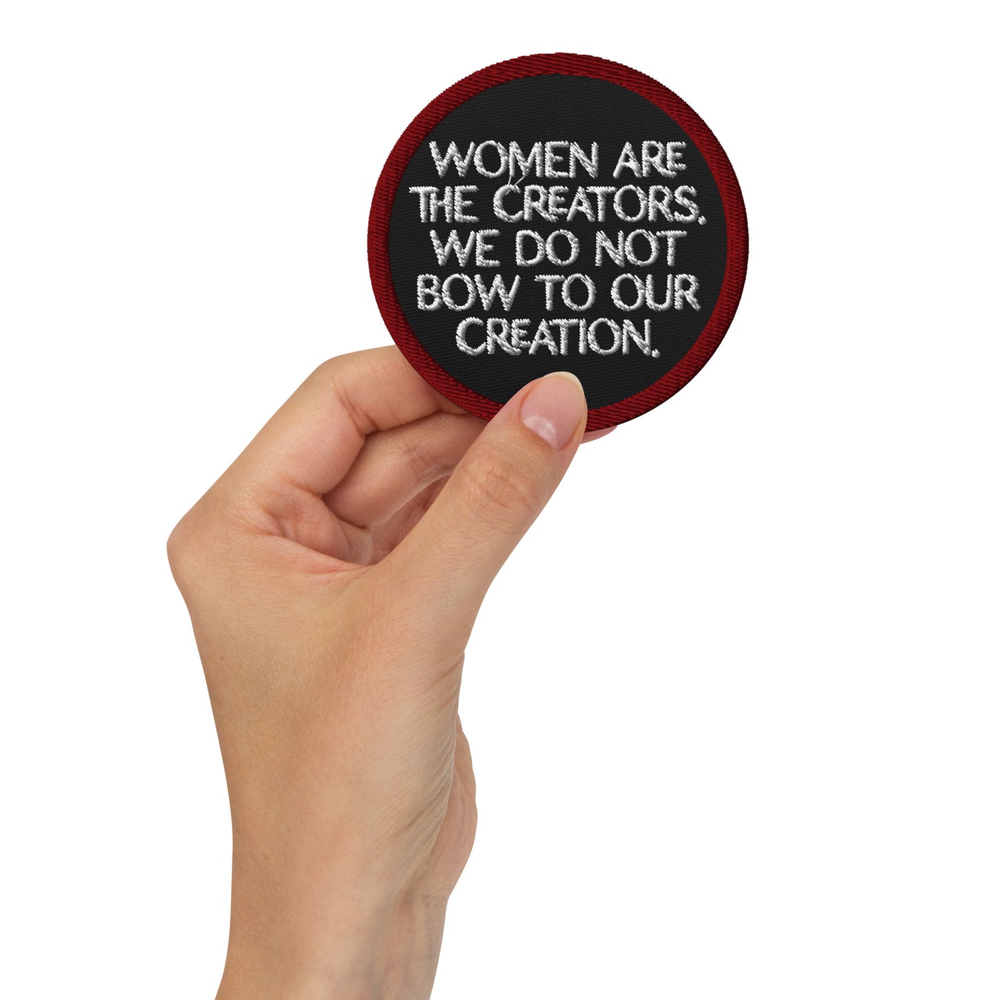 Women Are The Creators Embroidered Patch Feminist Statement Accessory by Spinsterly Co, black and red twill patch