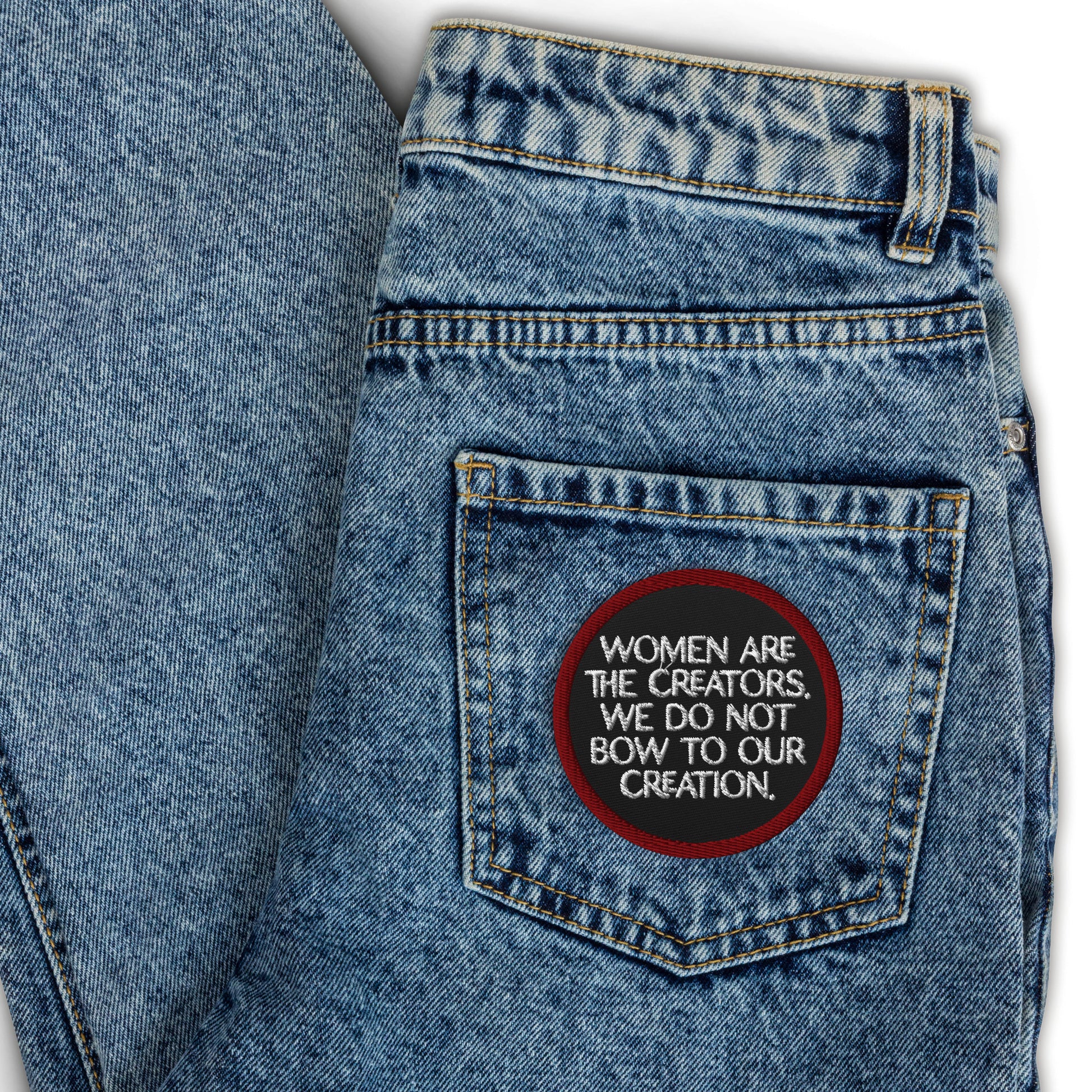 Women Are The Creators Embroidered Patch Spinsterly Co feminist statement accessory in red and black