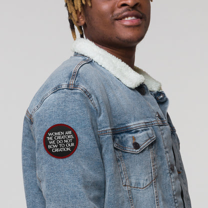Women Are The Creators Embroidered Patch by Spinsterly Co, circular twill patch with red border and white text