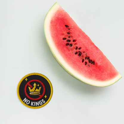 No Kings Embroidered Iron-On Patch by Spinsterly Co, red and black crown symbol protest accessory