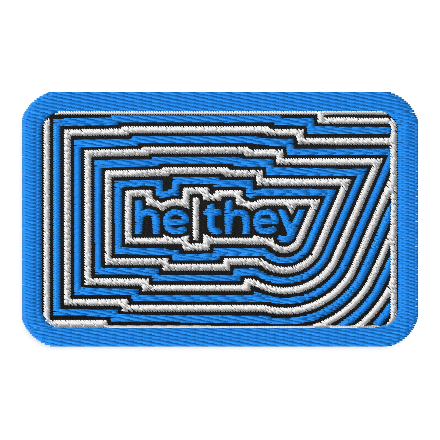 HeThey Pronoun Embroidered Patch by Spinsterly Co in black twill with geometric embroidered design