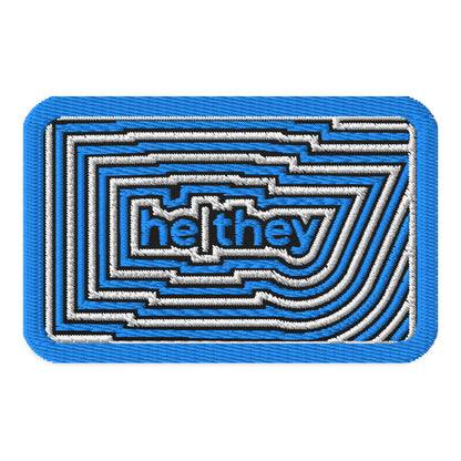 HeThey Pronoun Embroidered Patch by Spinsterly Co in black twill with geometric embroidered design