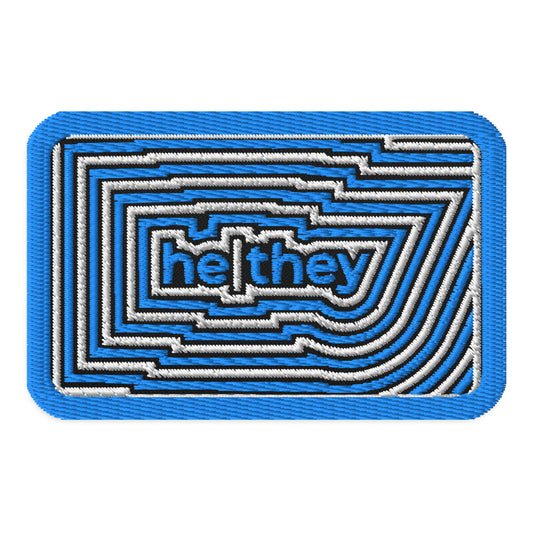 HeThey Pronoun Embroidered Patch by Spinsterly Co in black twill with geometric embroidered design