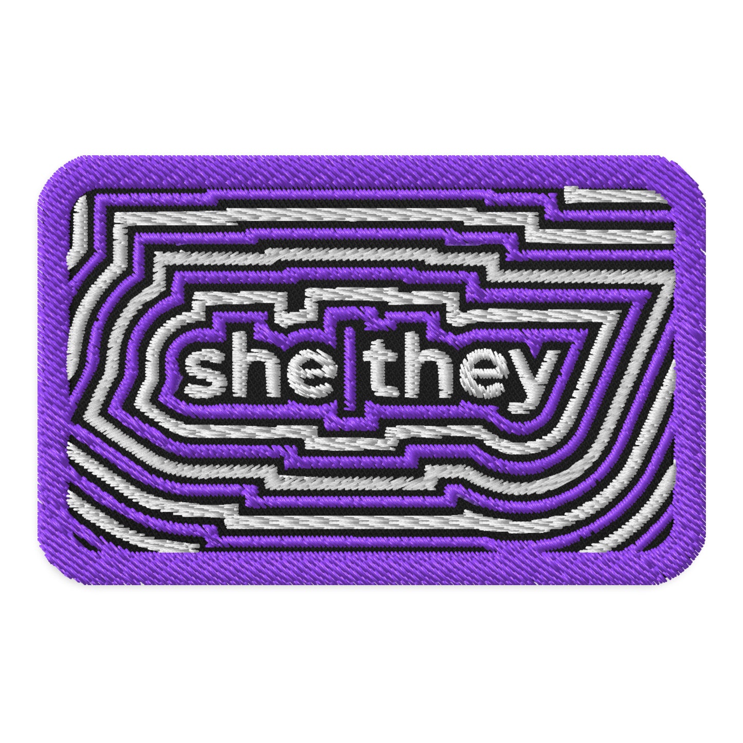SheThey Pronoun Embroidered Patch LGBTQIA Identity Accessory by Spinsterly Co, purple twill patch with geometric design