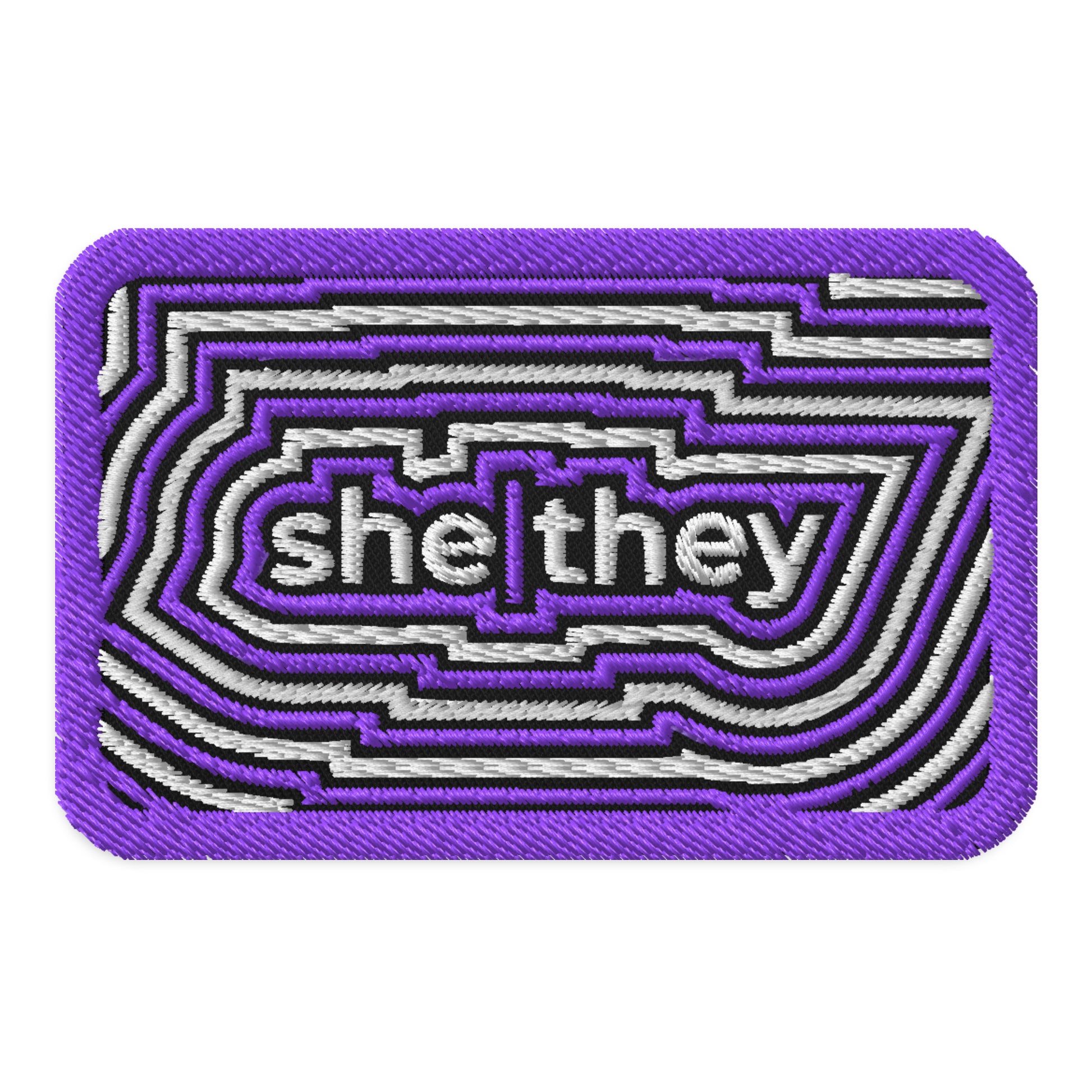 SheThey Pronoun Embroidered Patch LGBTQIA Identity Accessory by Spinsterly Co, purple twill patch with geometric design