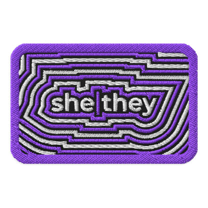 SheThey Pronoun Embroidered Patch LGBTQIA Identity Accessory by Spinsterly Co, purple twill patch with geometric design