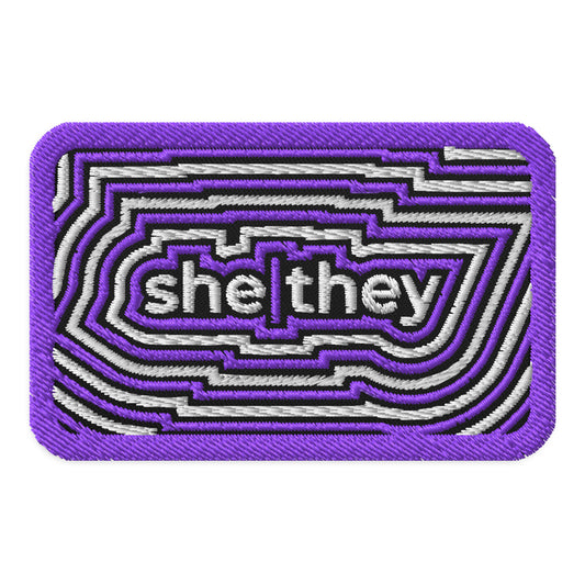 SheThey Pronoun Embroidered Patch LGBTQIA Identity Accessory by Spinsterly Co, purple twill patch with geometric design