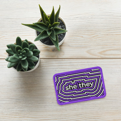 SheThey Pronoun Embroidered Patch Spinsterly Co LGBTQIA patch in purple with geometric twill design