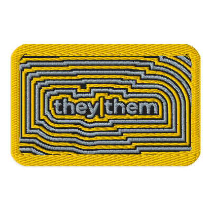 They Them Pronoun Embroidered Patch by Spinsterly Co in yellow twill with geometric layered stitch design