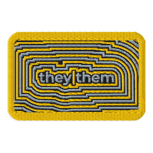 They Them Pronoun Embroidered Patch by Spinsterly Co in yellow twill with geometric layered stitch design