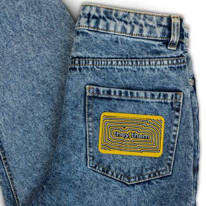 They Them Pronoun Embroidered Patch by Spinsterly Co, geometric twill iron on patch in denim blue