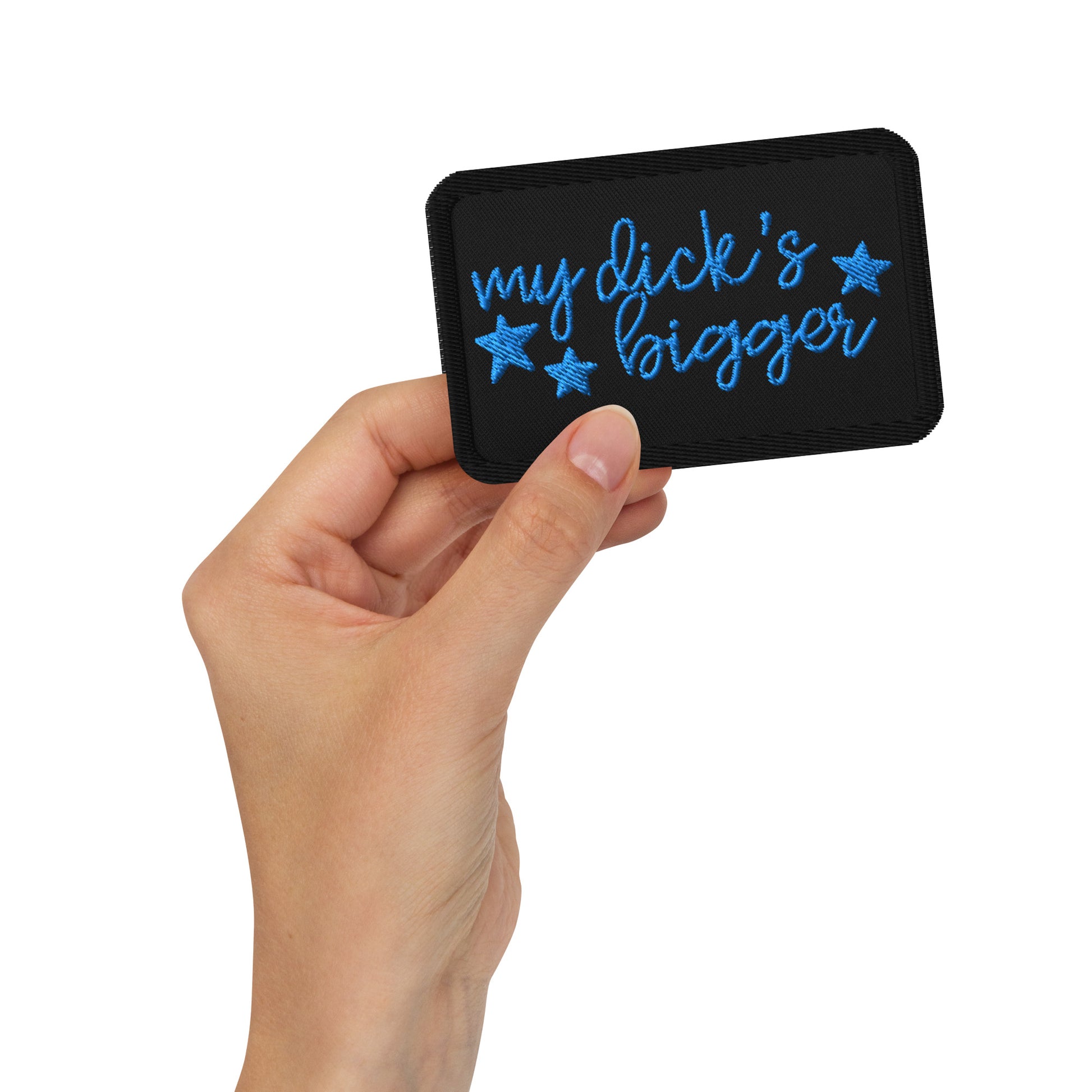 My Dick's Bigger Embroidered Patch Feminist Statement Accessory by Spinsterly Co, black patch with blue star motifs