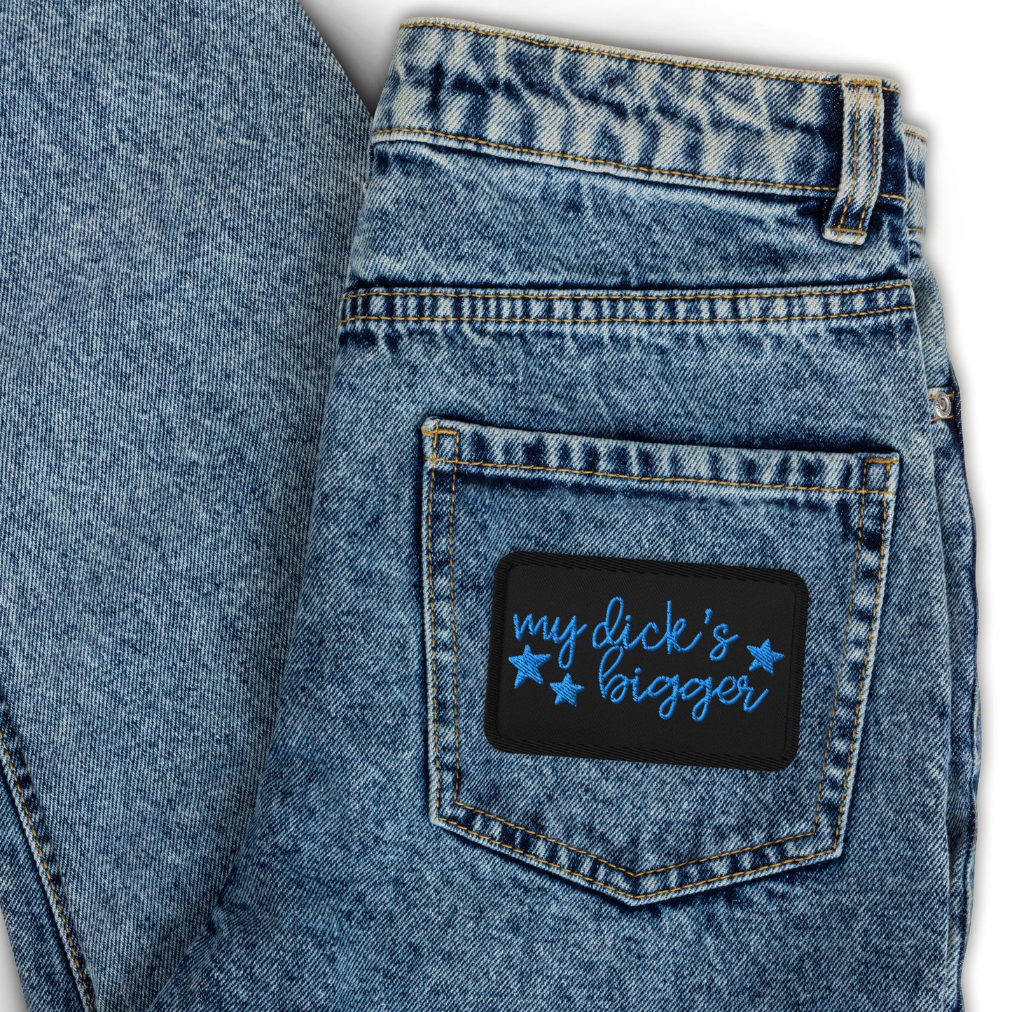 My Dick's Bigger Embroidered Patch Feminist Statement Accessory by Spinsterly Co, iron-on patch on blue denim
