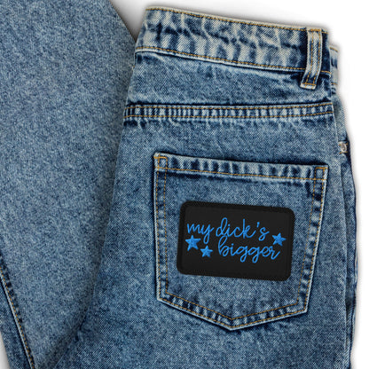 My Dick's Bigger Embroidered Patch Feminist Statement Accessory by Spinsterly Co, iron-on patch on blue denim