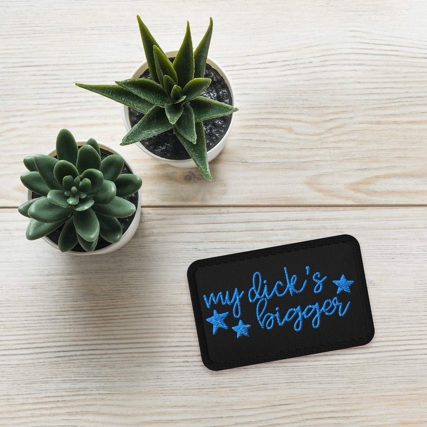 My Dick's Bigger Embroidered Patch Feminist Statement Accessory by Spinsterly Co, black fabric patch with star motifs