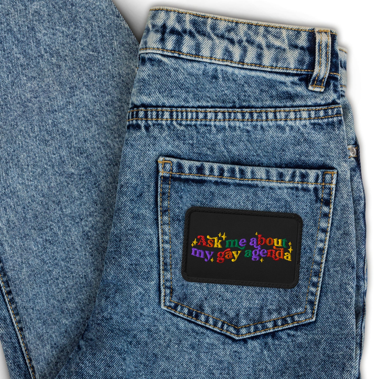 Ask Me About My Gay Agenda Embroidered Patch by Spinsterly Co, black 3 inch conversation patch on denim