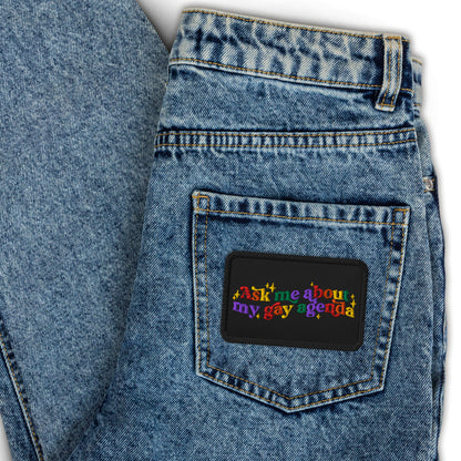 Ask Me About My Gay Agenda Embroidered Patch by Spinsterly Co, black 3 inch conversation patch on denim