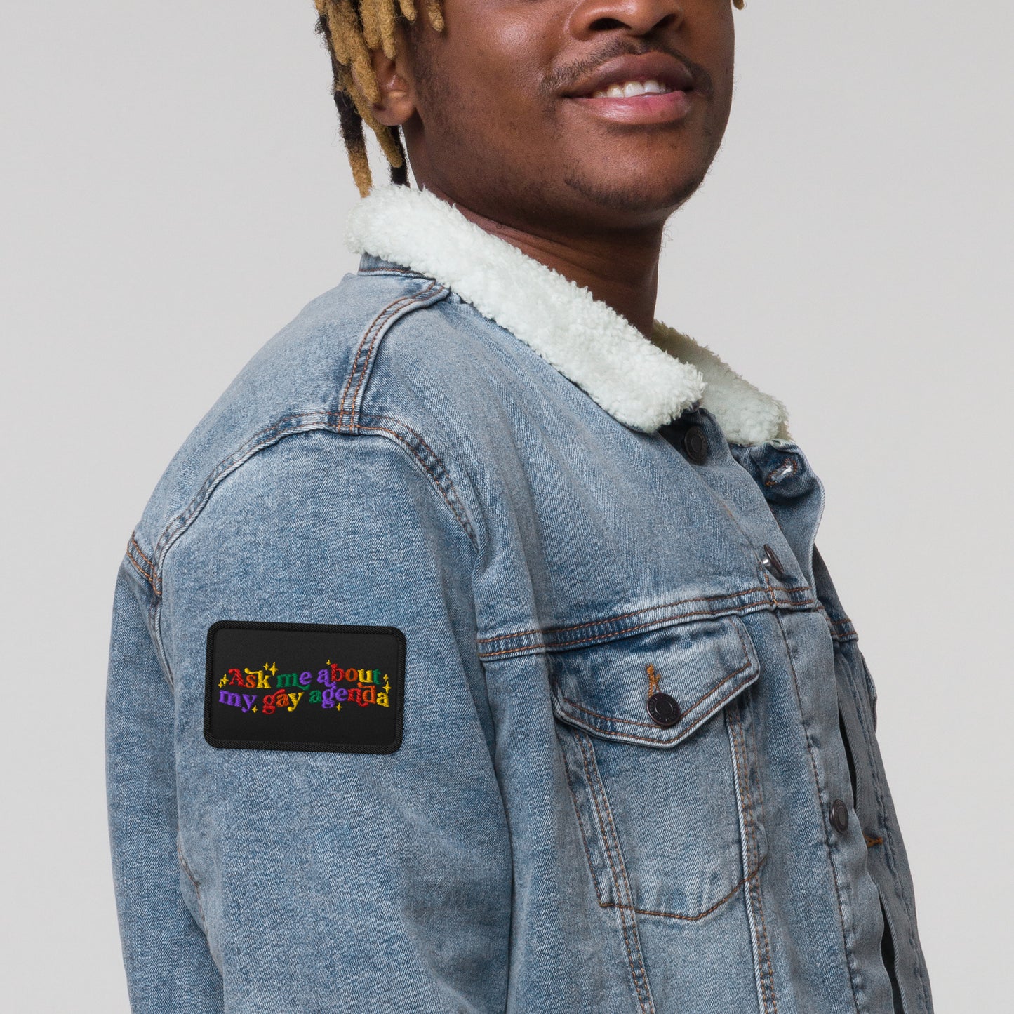 Ask Me About My Gay Agenda Embroidered Patch by Spinsterly Co, black and purple conversation design
