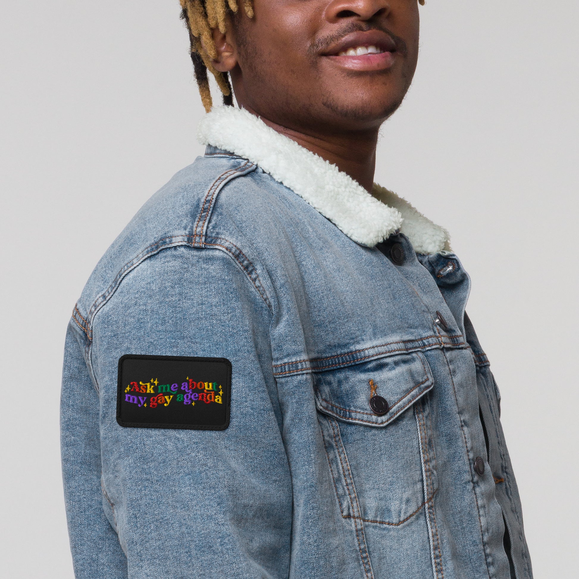 Ask Me About My Gay Agenda Embroidered Patch by Spinsterly Co, black and purple conversation design