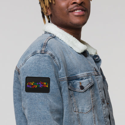Ask Me About My Gay Agenda Embroidered Patch by Spinsterly Co, black and purple conversation design