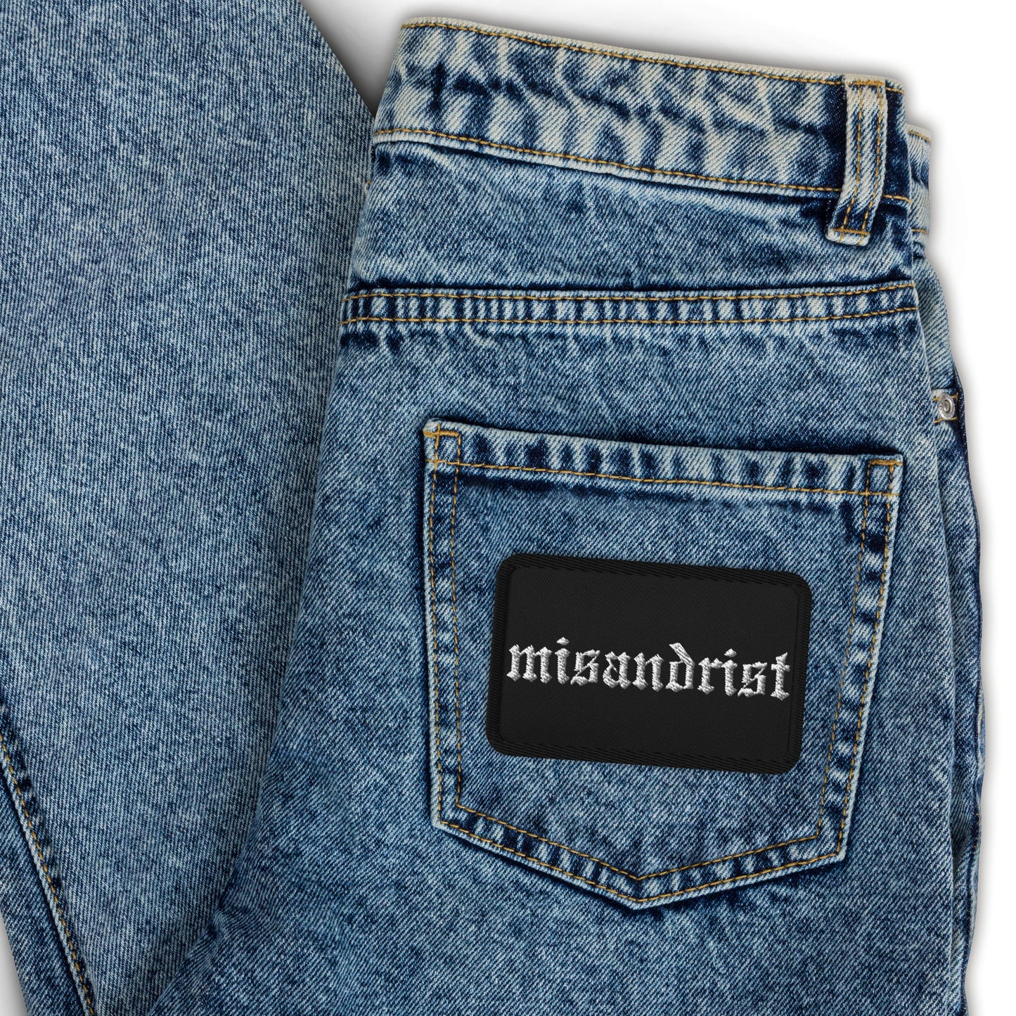 Misandrist Embroidered Iron-On Patch Gothic Feminist Accessory by Spinsterly Co in blue denim with stitched design