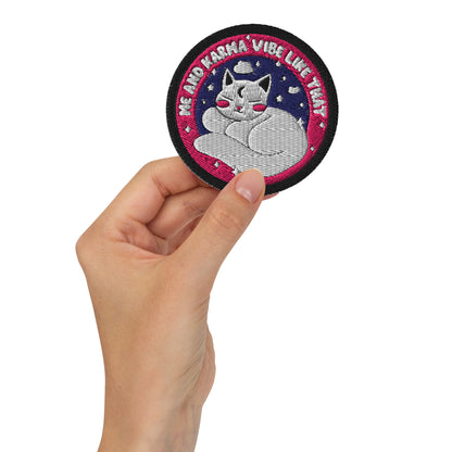 Cozy Cat Energy Embroidered Patch by Spinsterly Co, embroidered twill cat patch in black and magenta