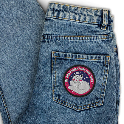 Cozy Cat Energy Embroidered Patch by Spinsterly Co, embroidered twill cat patch on blue denim jacket