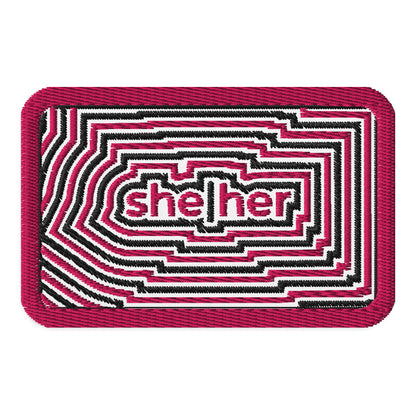 She Her Pronoun Embroidered Patch Spinsterly Co geometric patch in red and black twill with stitched lettering