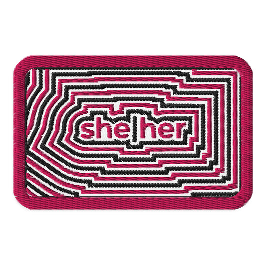 She Her Pronoun Embroidered Patch Spinsterly Co geometric patch in red and black twill with stitched lettering