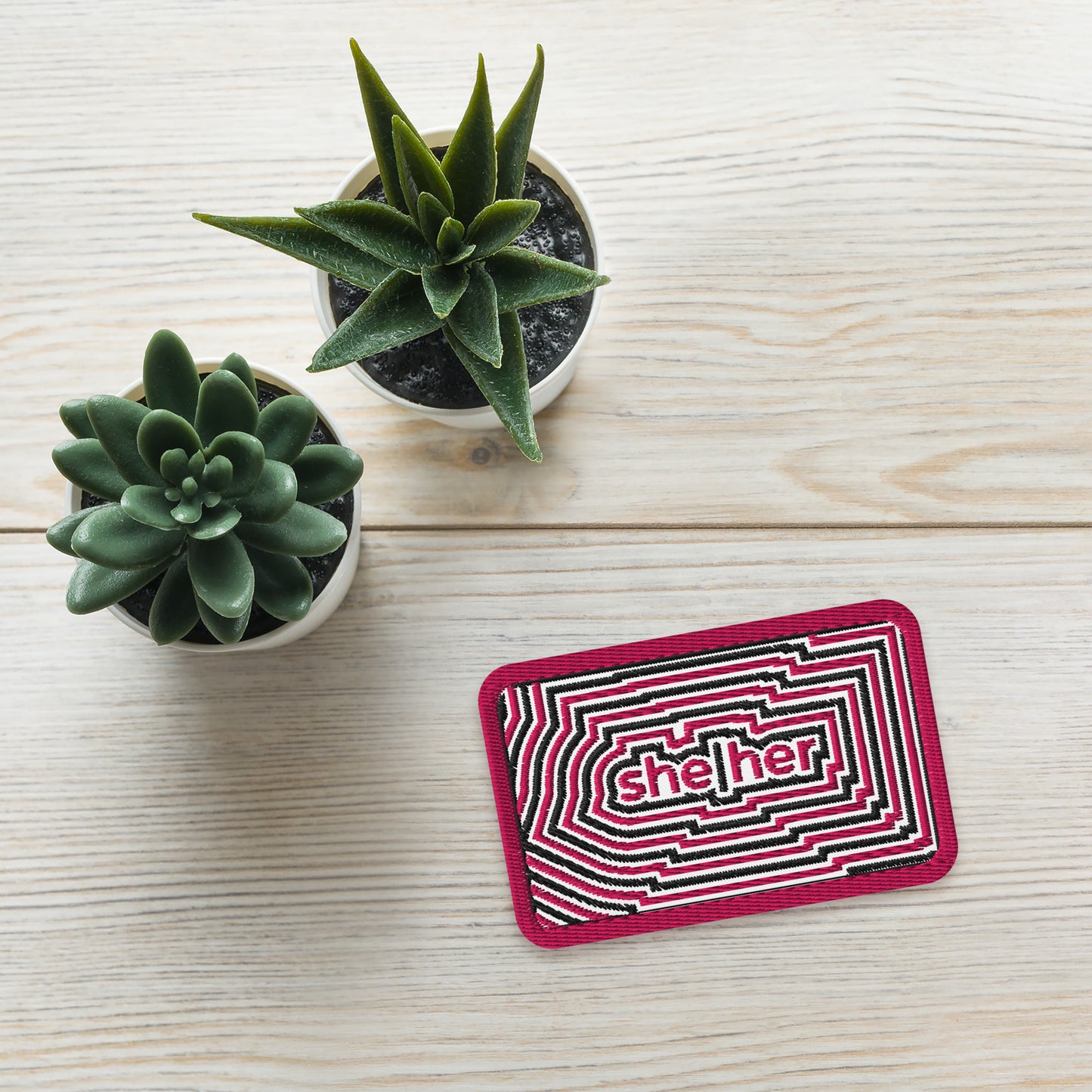 SheHer Pronoun Embroidered Patch Spinsterly Co LGBTQIA accessory in twill with geometric stitched design